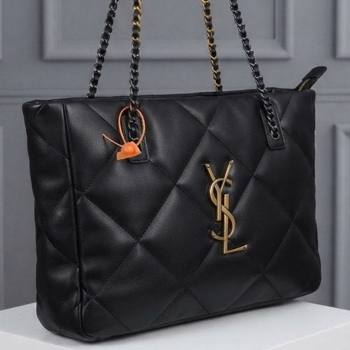 Quilted Chain Shoulder Bag with Gold Logo Detail