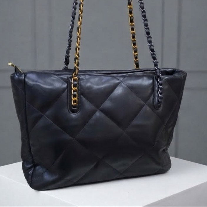 Quilted Chain Shoulder Bag with Gold Logo Detail