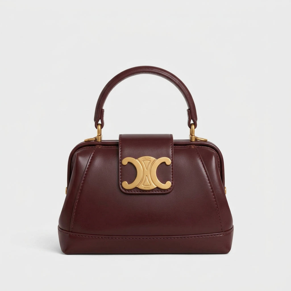 Celine Style Burgundy Structured Top Handle Bag