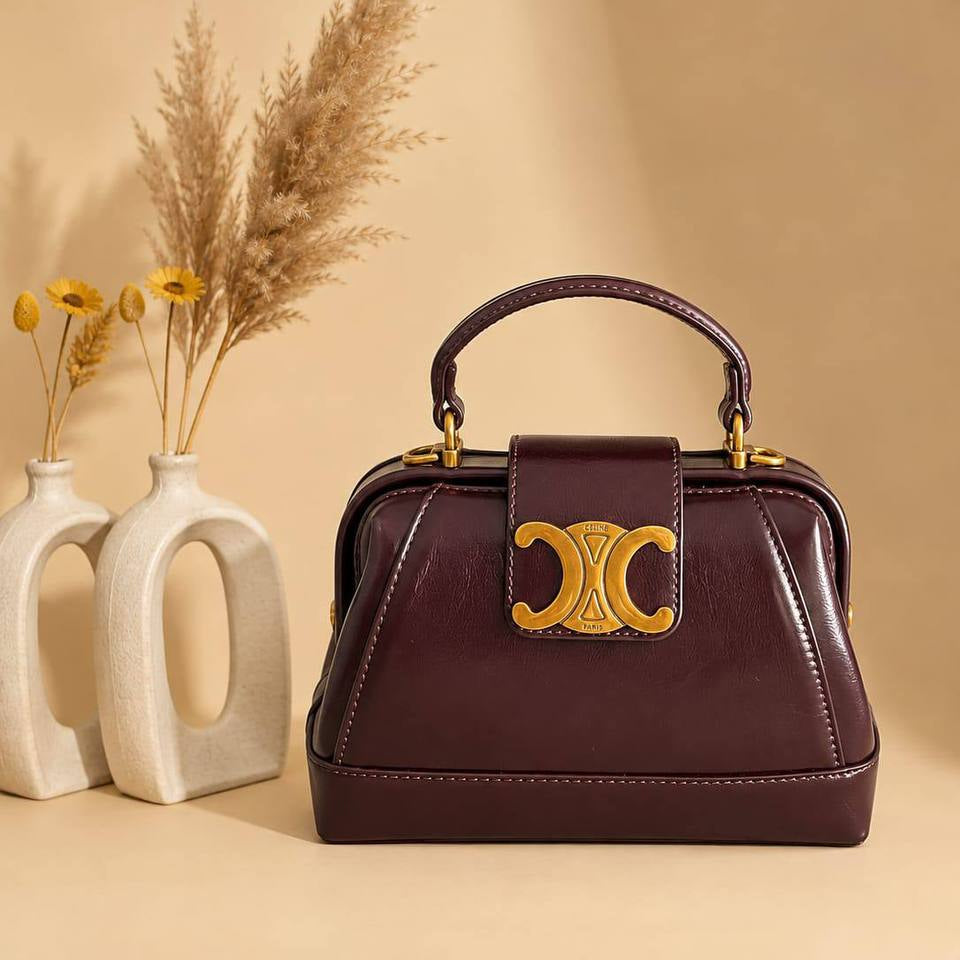 Celine Style Burgundy Structured Top Handle Bag