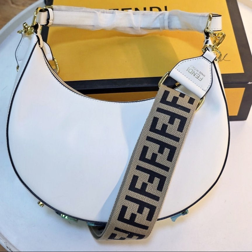 Fendi Moon Logo Accent Shoulder Bag in White