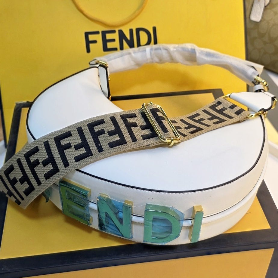 Fendi Moon Logo Accent Shoulder Bag in White