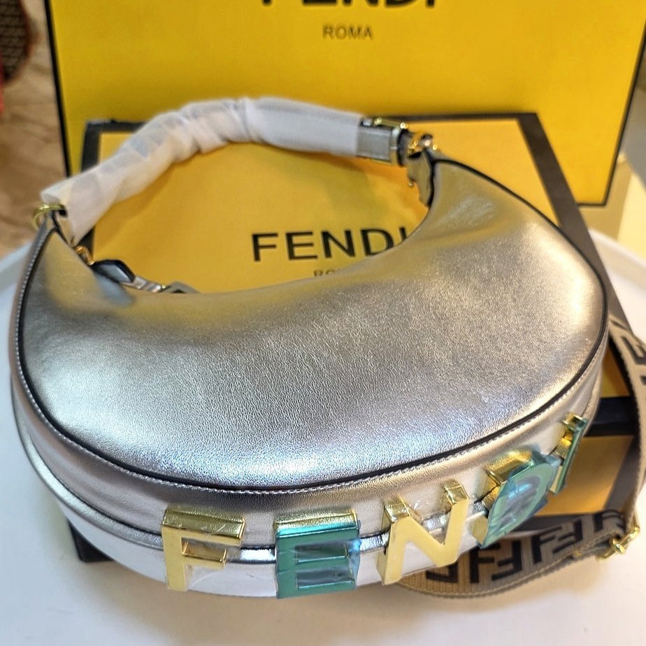 Fendi Moon Logo Accent Shoulder Bag in White