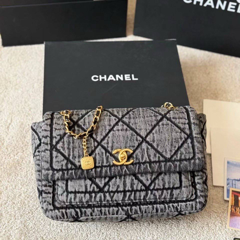 Chanel Quilted Denim Flap Bag with Gold Tone Chain