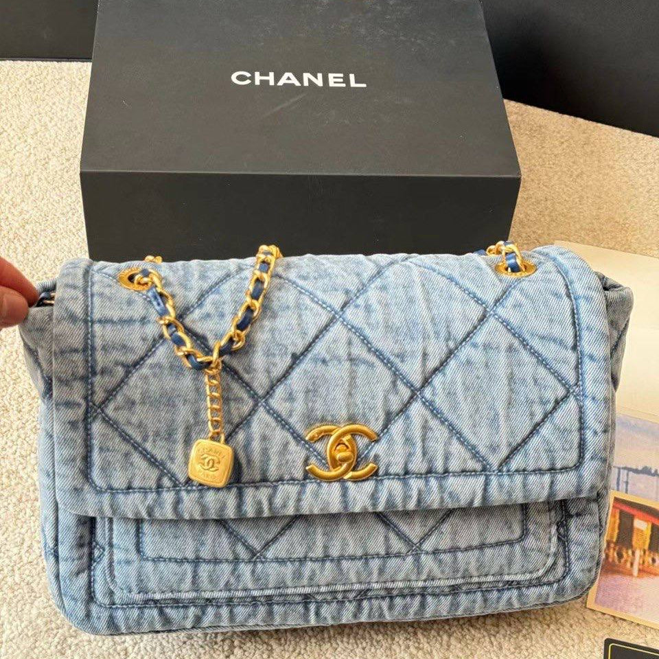 Chanel Quilted Denim Flap Bag with Gold Tone Chain