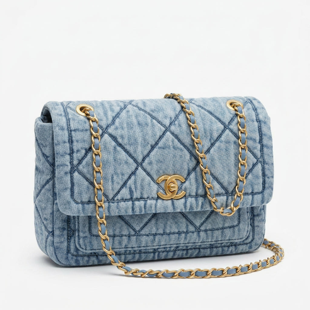 Chanel Quilted Denim Flap Bag with Gold Tone Chain