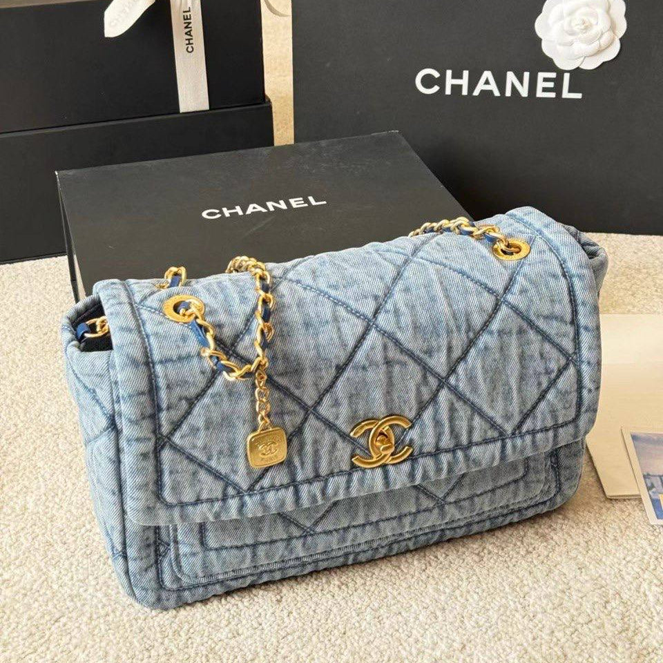 Chanel Quilted Denim Flap Bag with Gold Tone Chain