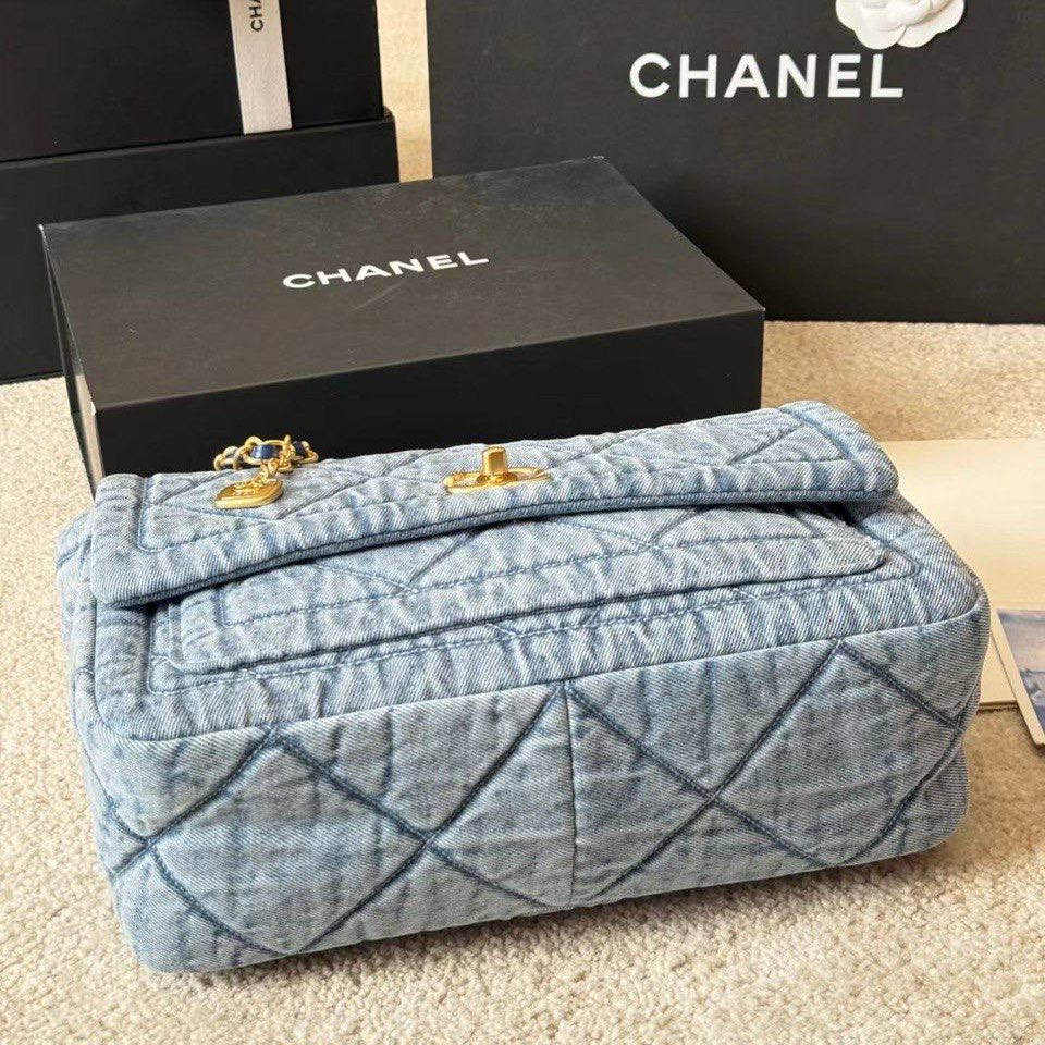 Chanel Quilted Denim Flap Bag with Gold Tone Chain