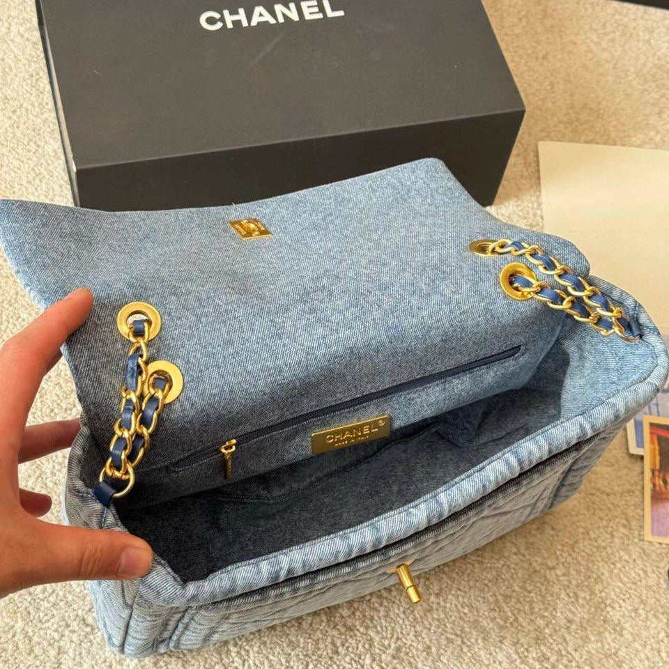 Chanel Quilted Denim Flap Bag with Gold Tone Chain
