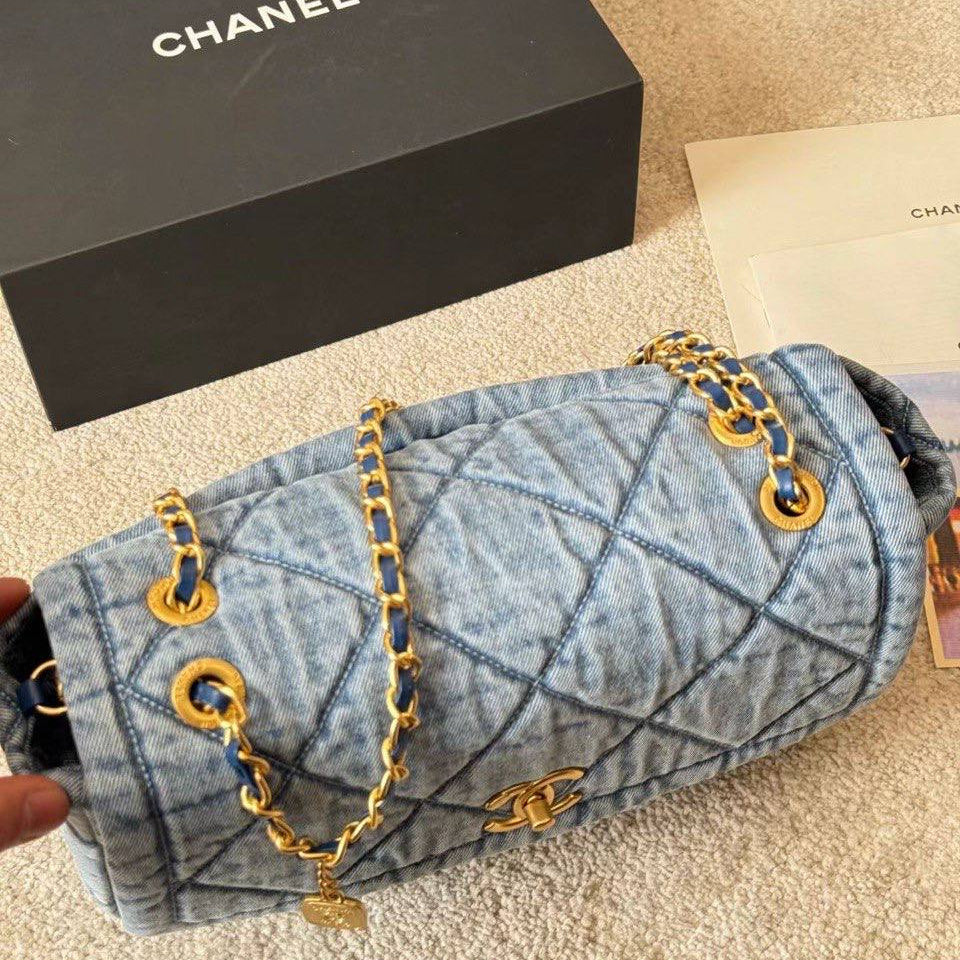 Chanel Quilted Denim Flap Bag with Gold Tone Chain