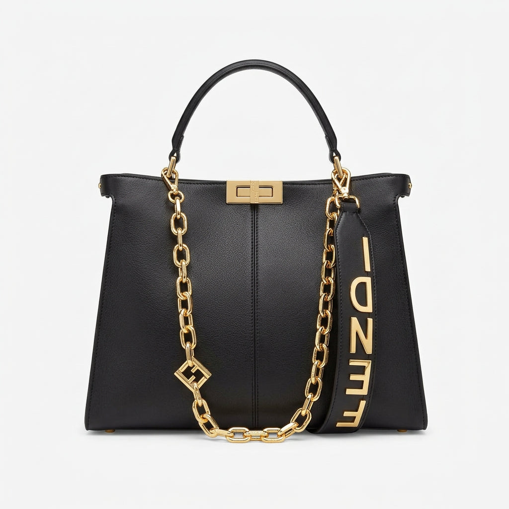 Fendi Style Black Handbag with Gold Tone Chain Strap