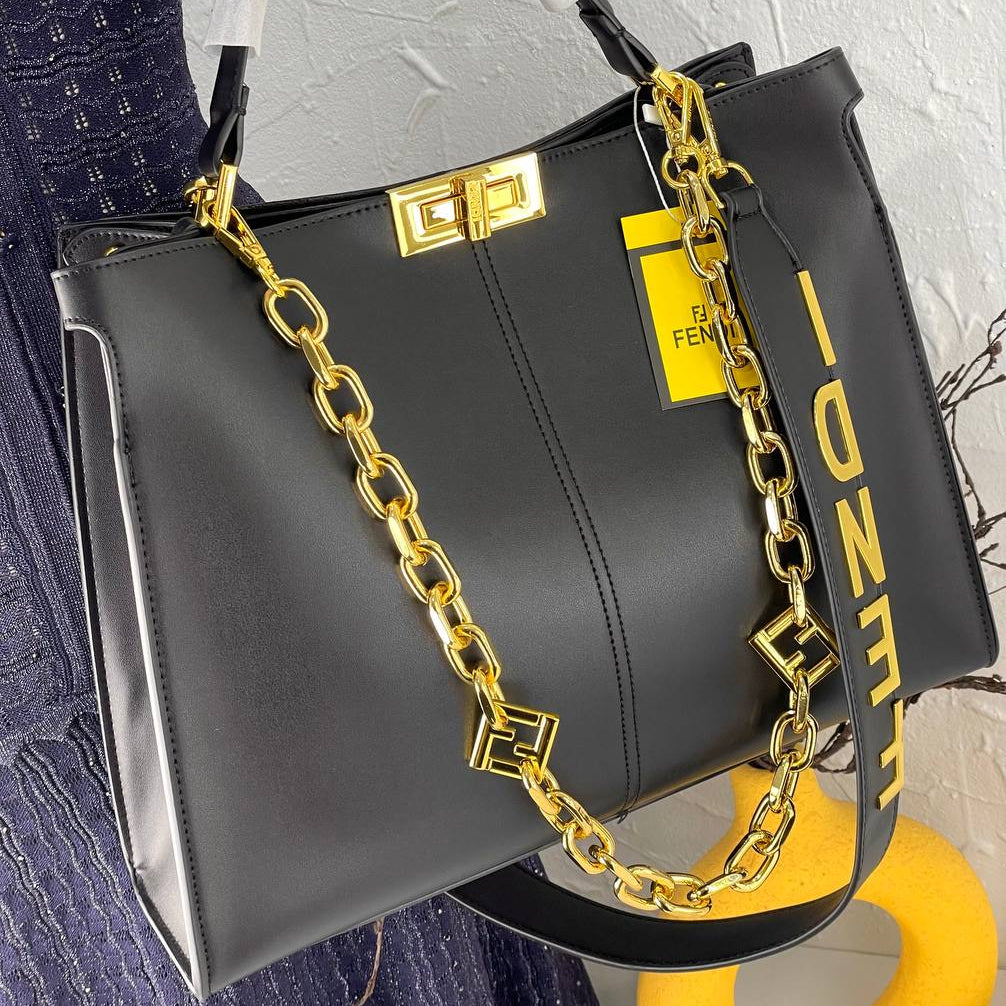 Fendi Style Black Handbag with Gold Tone Chain Strap