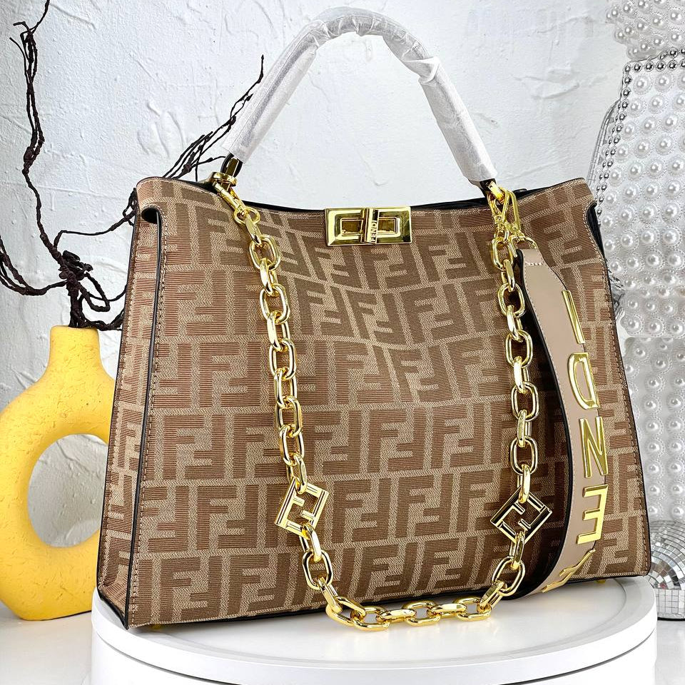 Fendi Style Black Handbag with Gold Tone Chain Strap