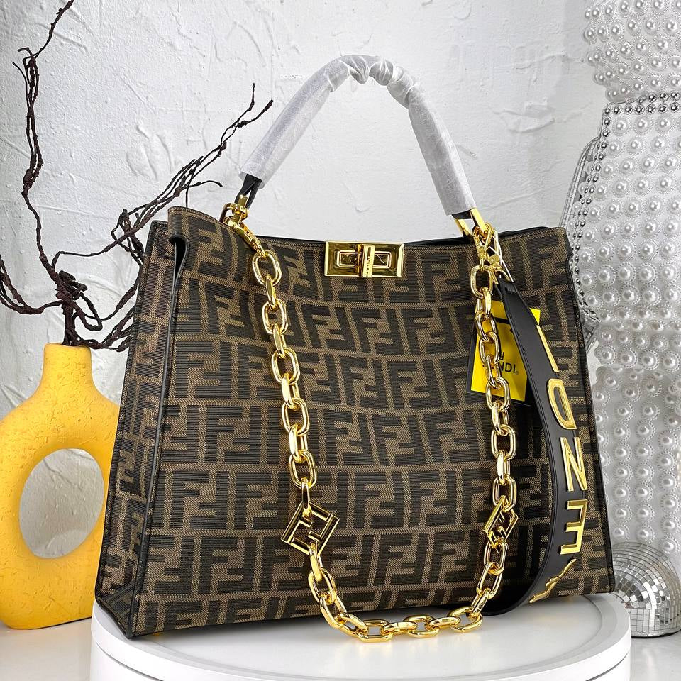 Fendi Style Black Handbag with Gold Tone Chain Strap
