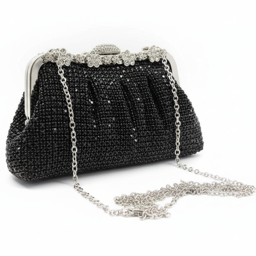 Sparkling Black Crystal Floral Frame Clutch Bag 💎✨👜