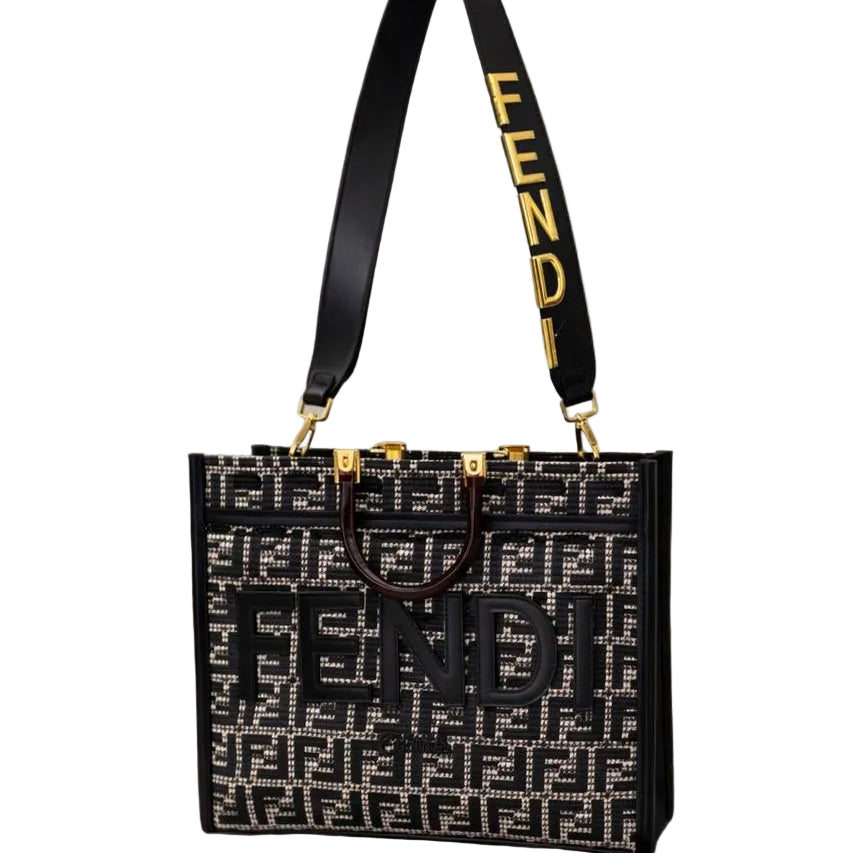 Fendi Sunshine Shopper Tote in Monogram Canvas with Gold Logo Strap 👜🖤✨