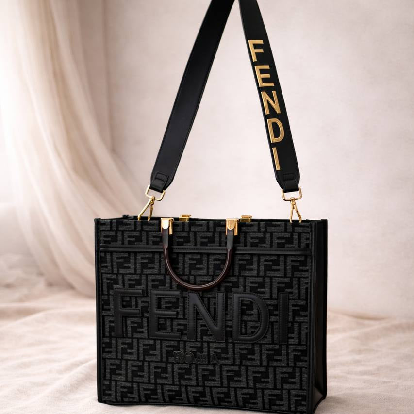 Fendi Sunshine Shopper Tote in Monogram Canvas with Gold Logo Strap 👜🖤✨