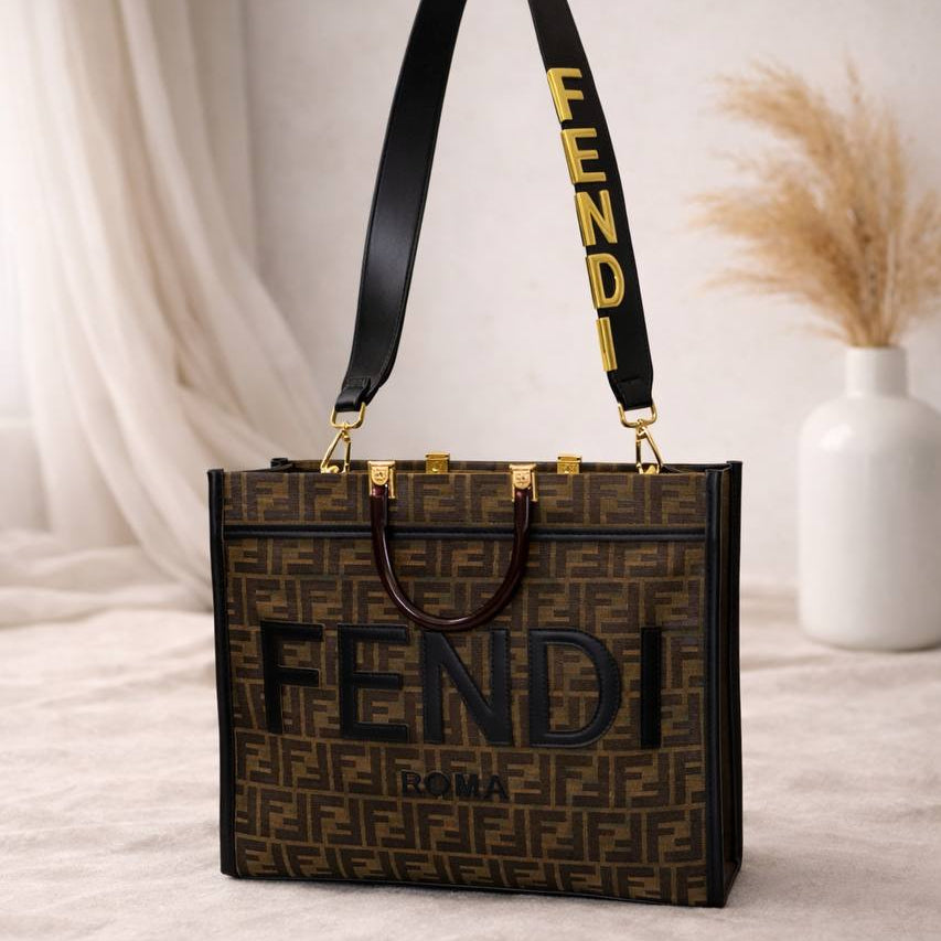 Fendi Sunshine Shopper Tote in Monogram Canvas with Gold Logo Strap 👜🖤✨