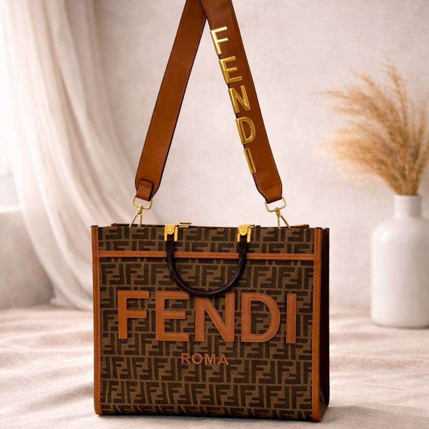 Fendi Sunshine Shopper Tote in Monogram Canvas with Gold Logo Strap 👜🖤✨