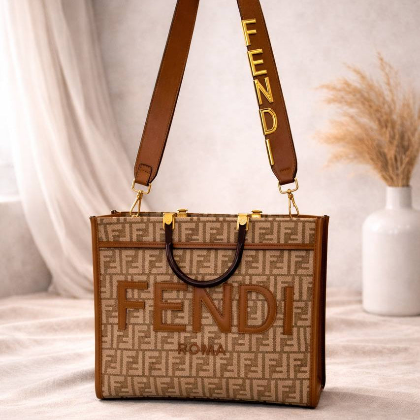 Fendi Sunshine Shopper Tote in Monogram Canvas with Gold Logo Strap 👜🖤✨