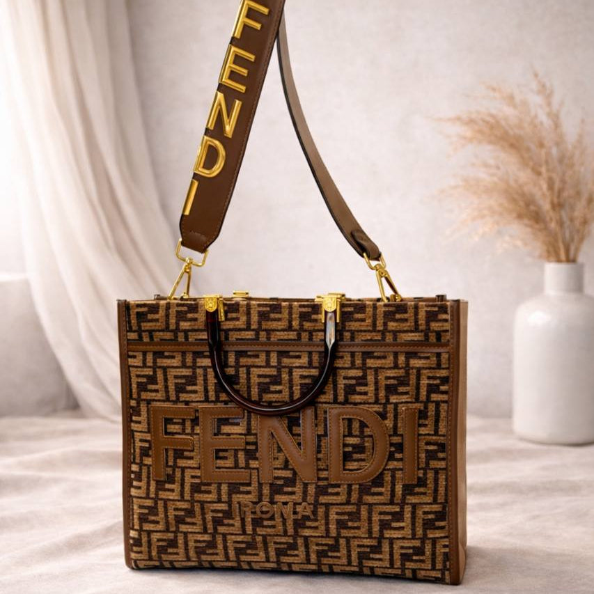 Fendi Sunshine Shopper Tote in Monogram Canvas with Gold Logo Strap 👜🖤✨