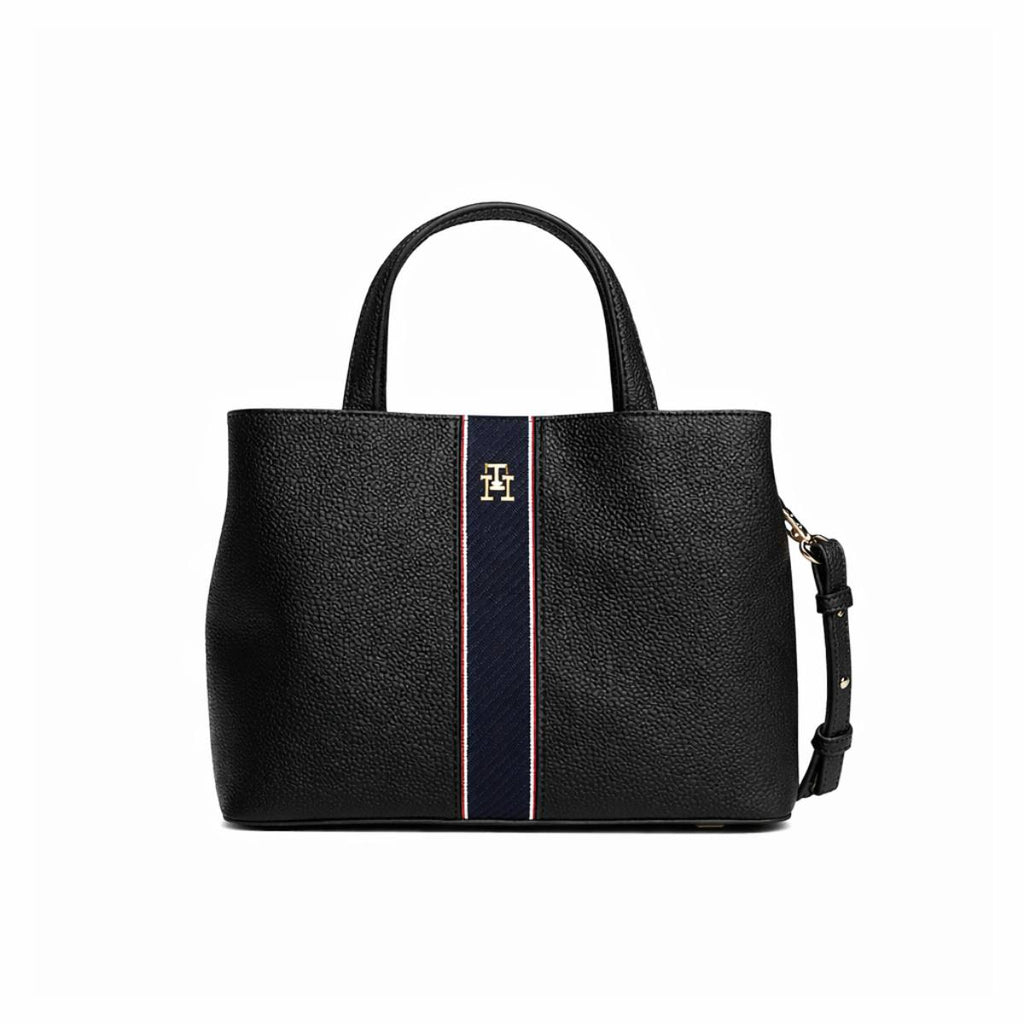 Tommy Hilfiger Black Textured Tote with Signature Striped Detail 👜✨