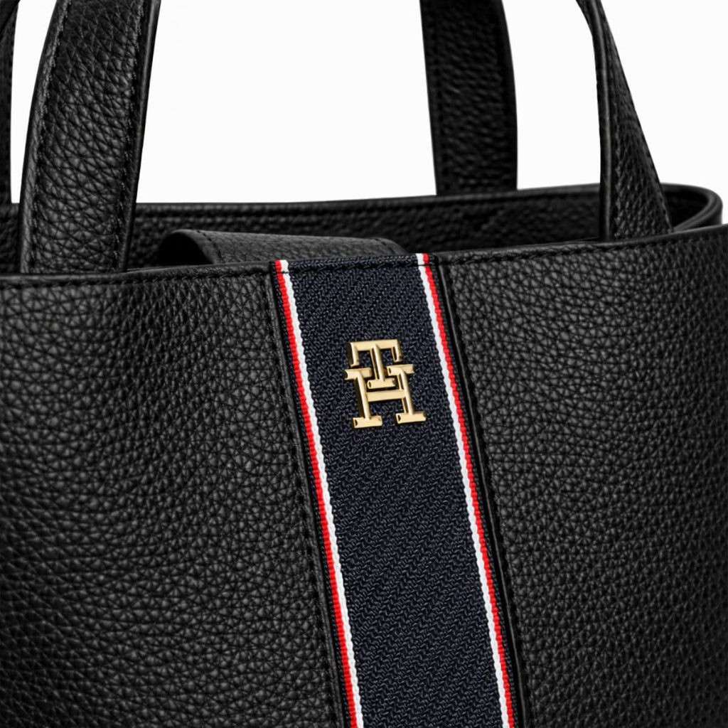 Tommy Hilfiger Black Textured Tote with Signature Striped Detail 👜✨