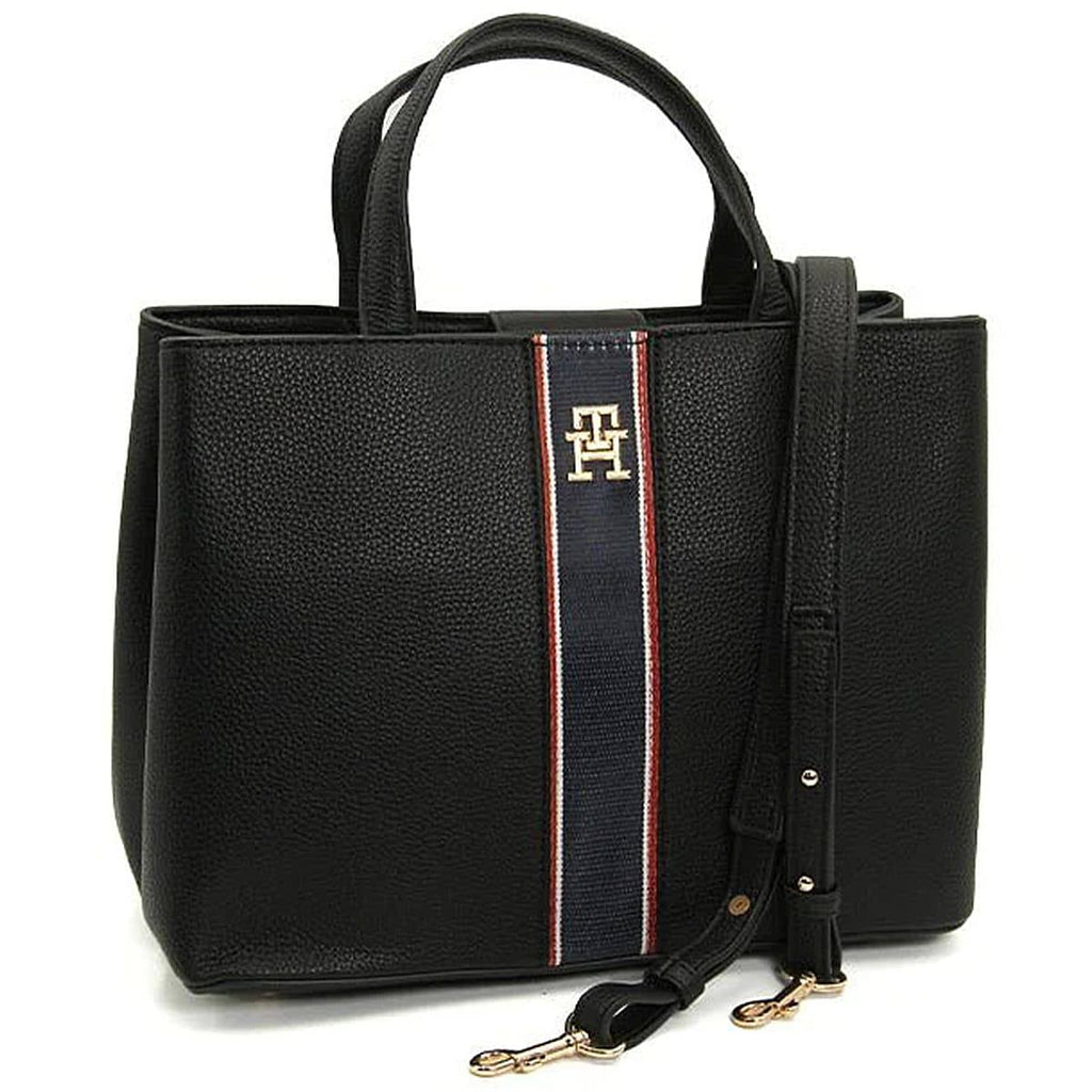 Tommy Hilfiger Black Textured Tote with Signature Striped Detail 👜✨