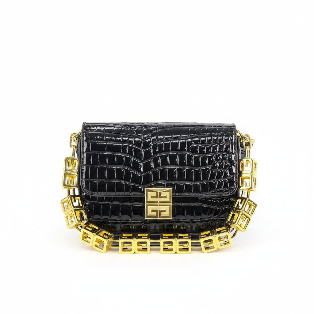 Givenchy Black Crocodile Effect Shoulder Bag with Gold Chain