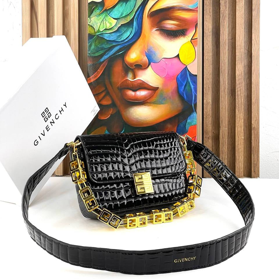 Givenchy Black Crocodile Effect Shoulder Bag with Gold Chain