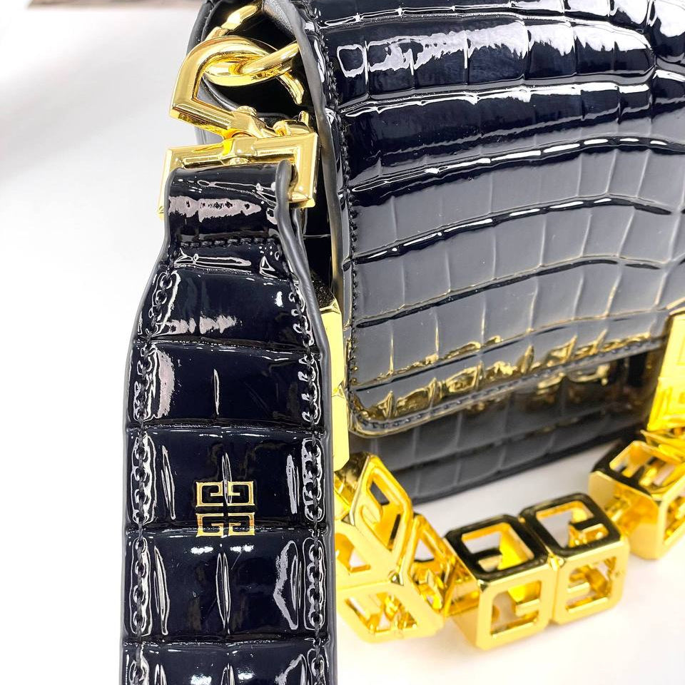 Givenchy Black Crocodile Effect Shoulder Bag with Gold Chain
