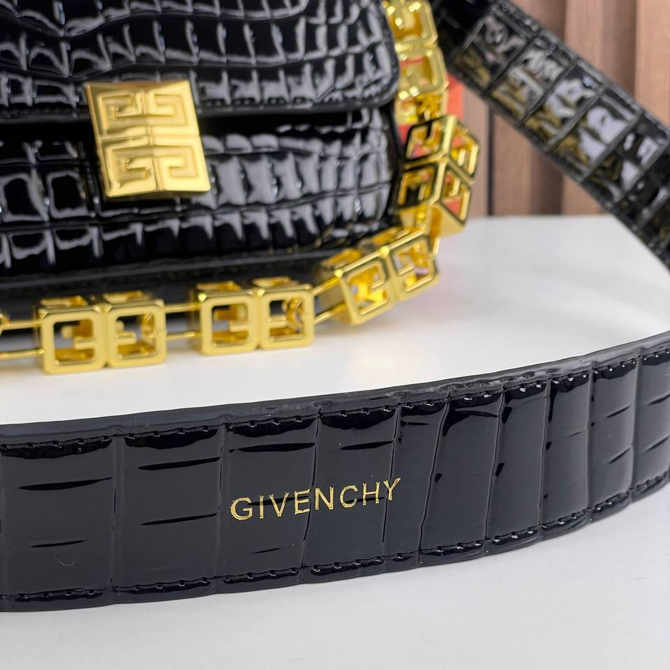 Givenchy Black Crocodile Effect Shoulder Bag with Gold Chain