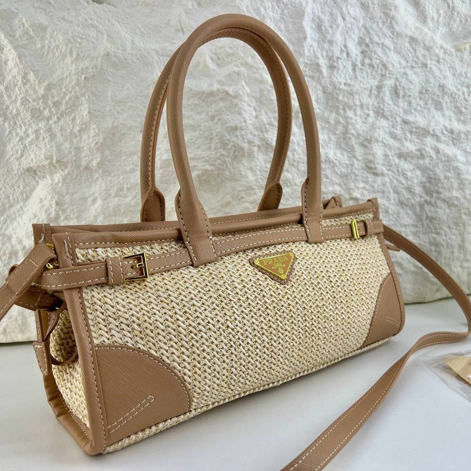 Prada Woven Texture Tote with Signature Logo Plaque