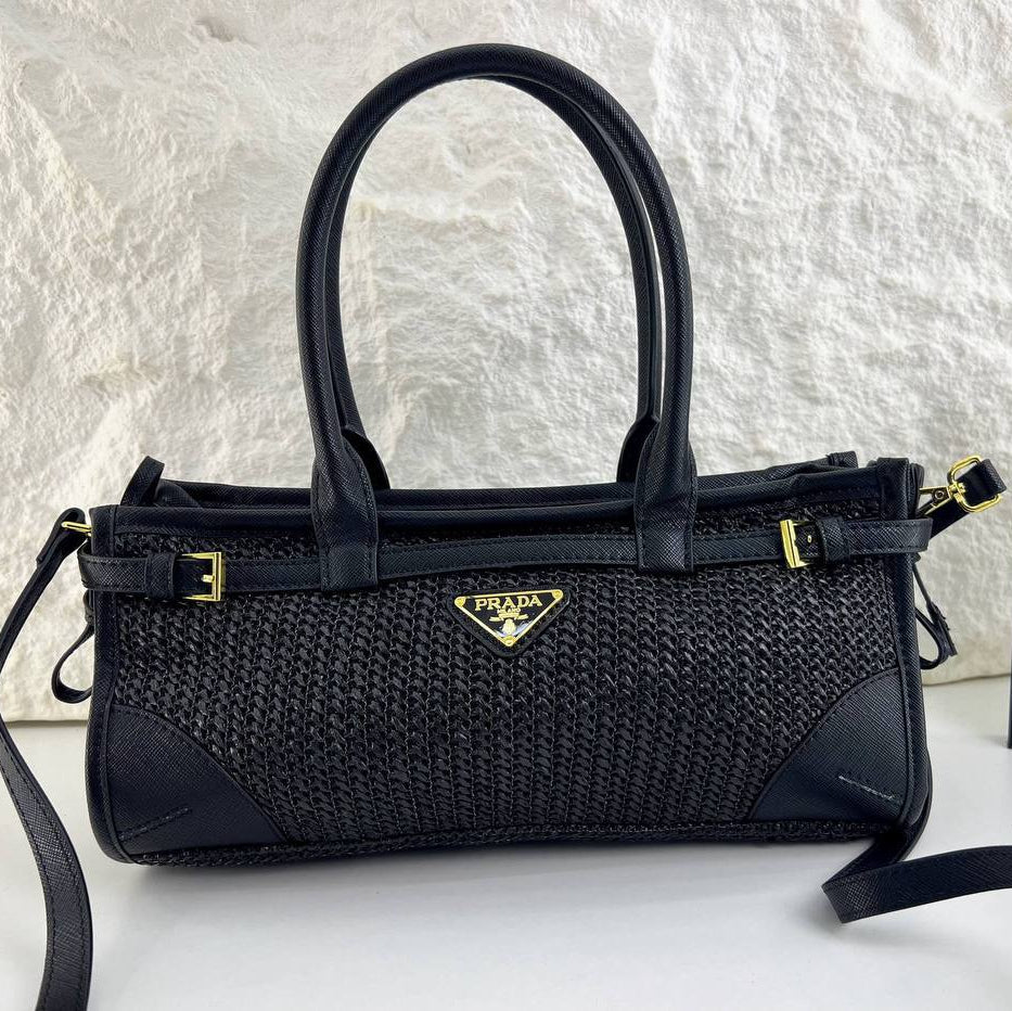 Prada Woven Texture Tote with Signature Logo Plaque