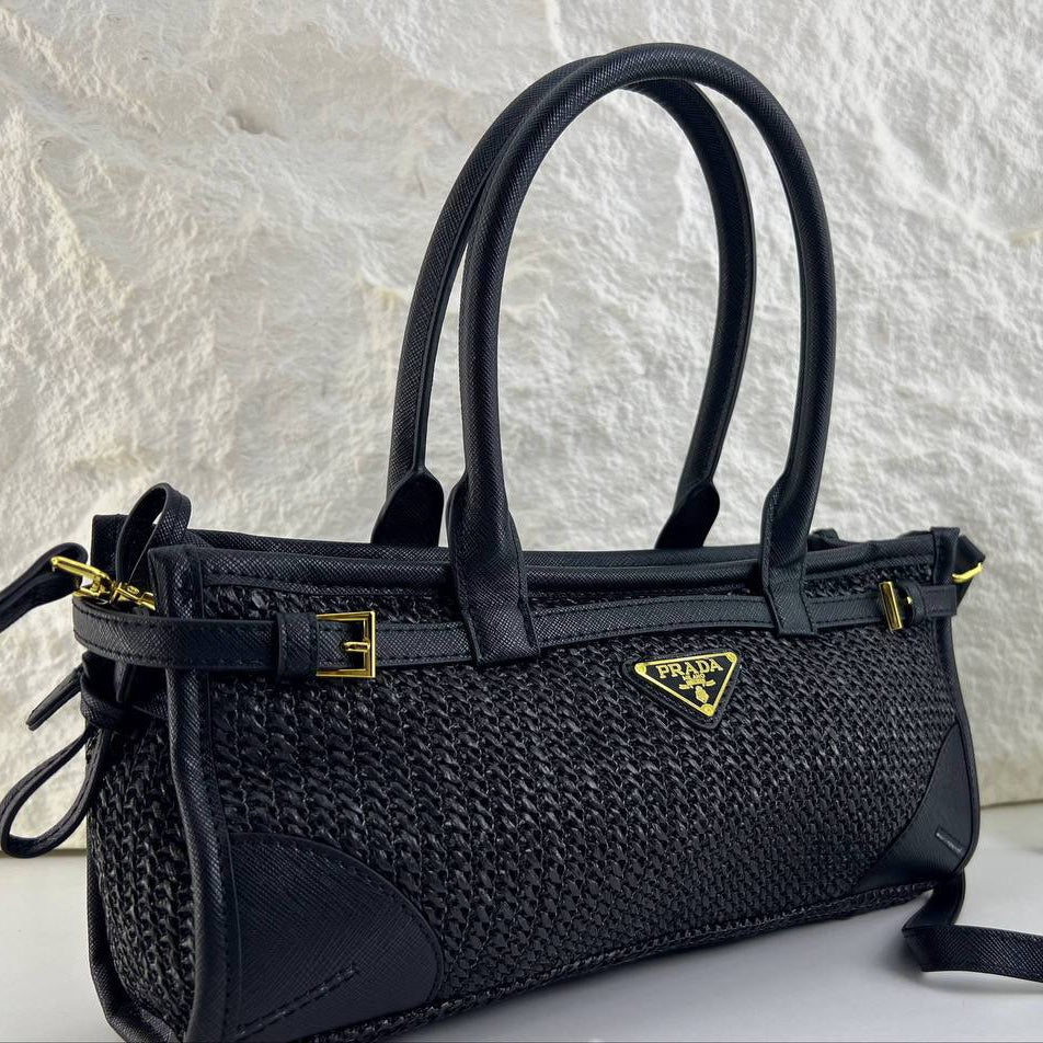 Prada Woven Texture Tote with Signature Logo Plaque