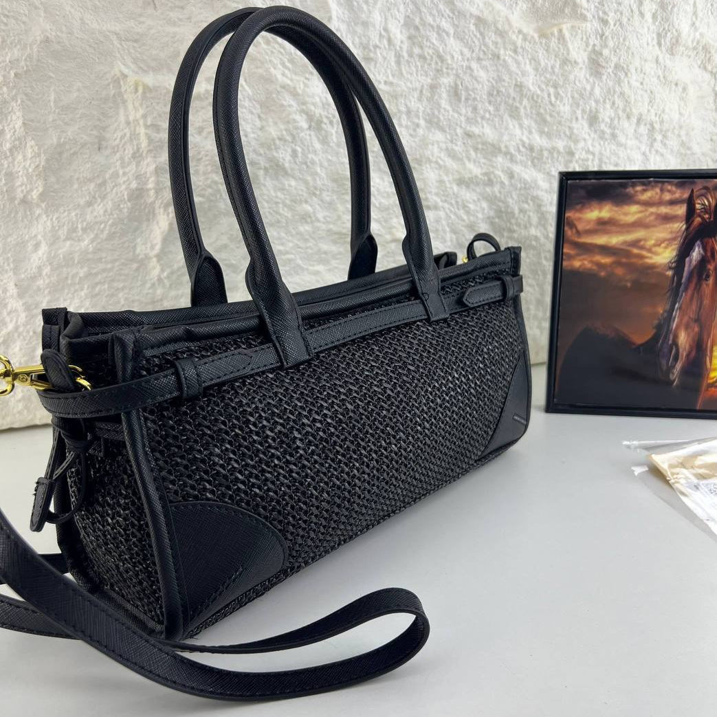 Prada Woven Texture Tote with Signature Logo Plaque