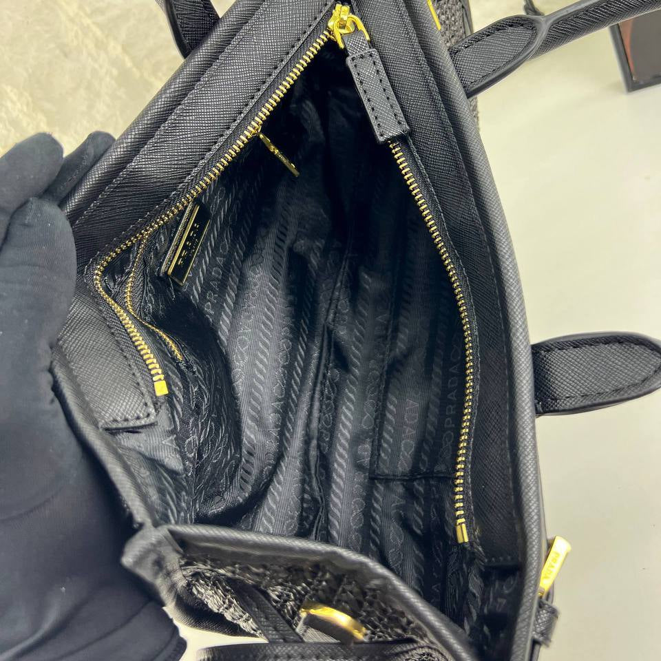 Prada Woven Texture Tote with Signature Logo Plaque