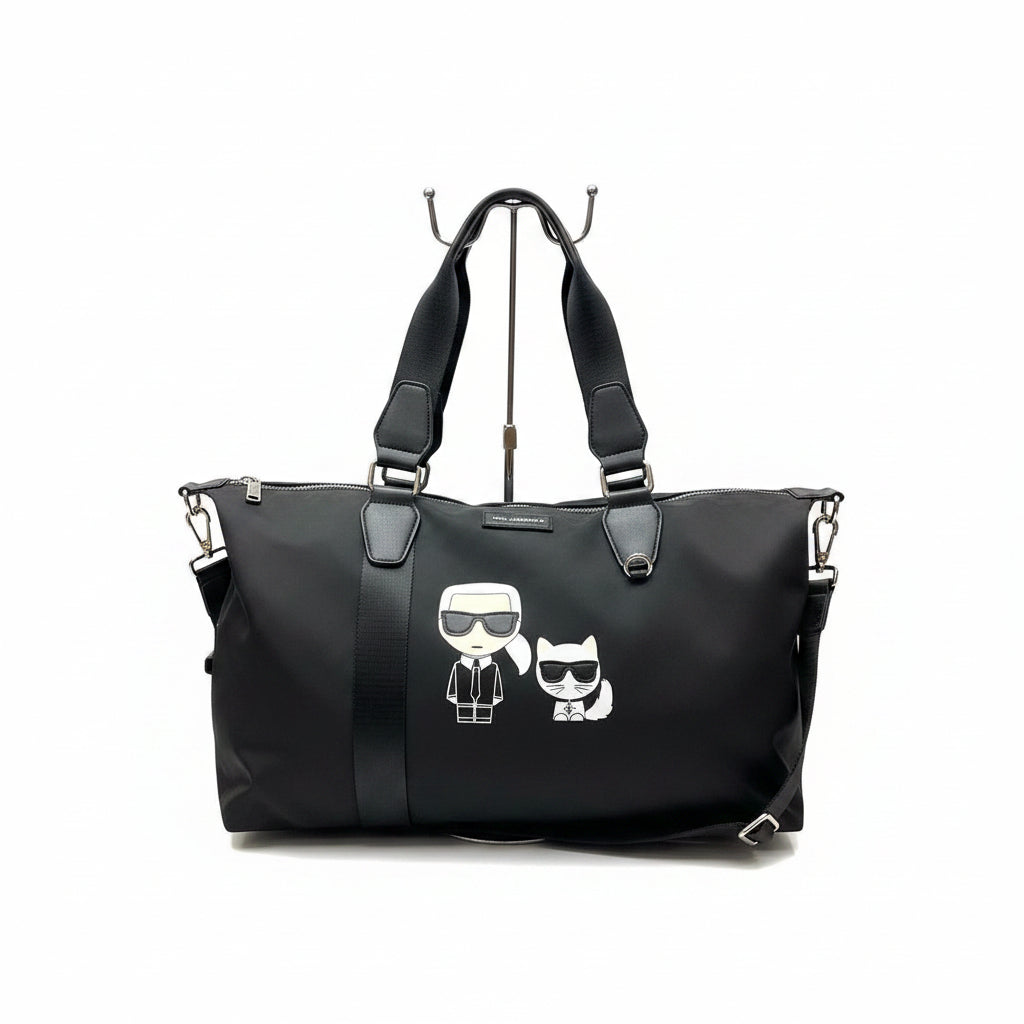 Karl Lagerfeld Nylon Travel Bag with Karl and Choupette Graphic