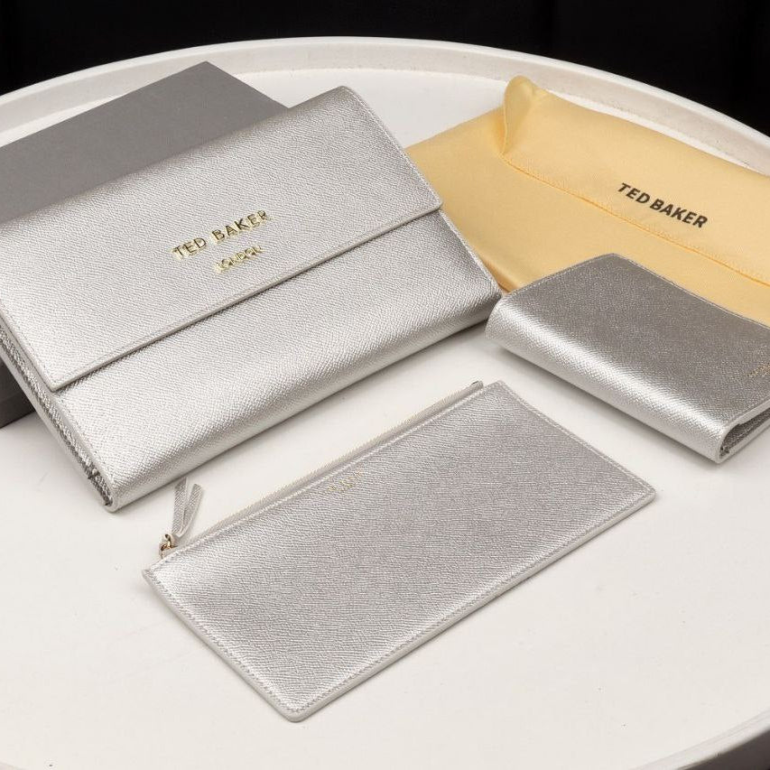 Ted Baker London Metallic Silver Passport and Travel Wallet Set
