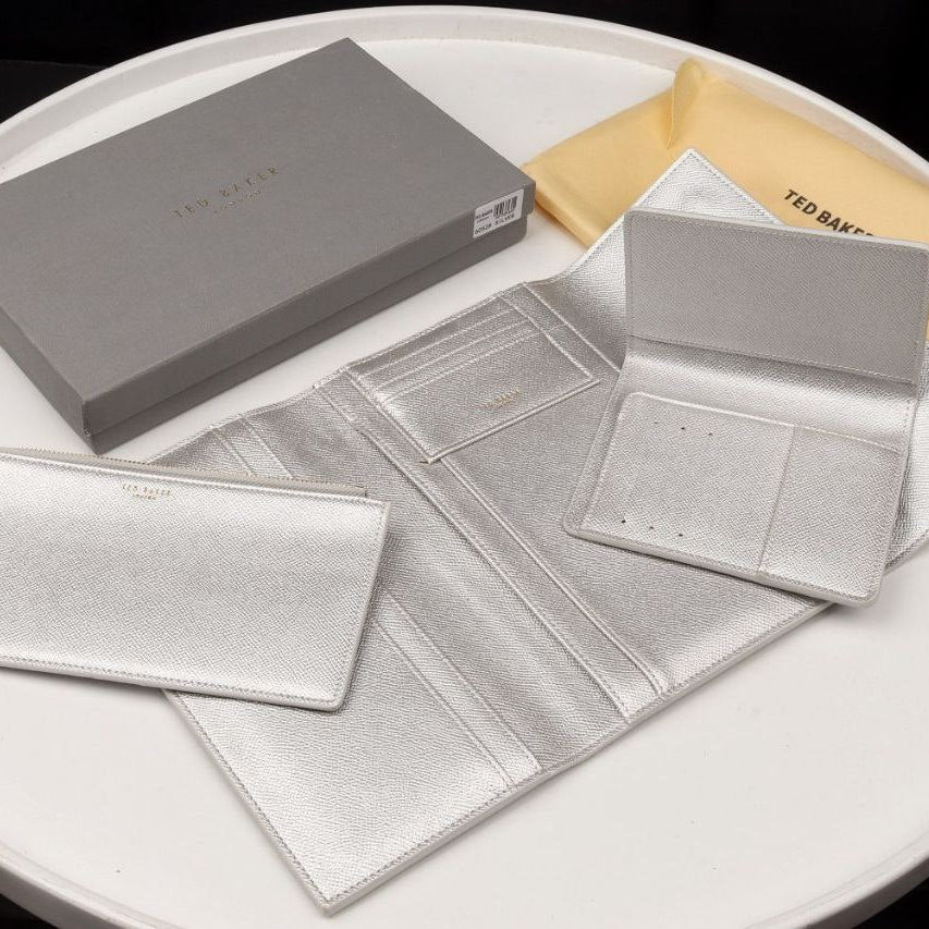 Ted Baker London Metallic Silver Passport and Travel Wallet Set
