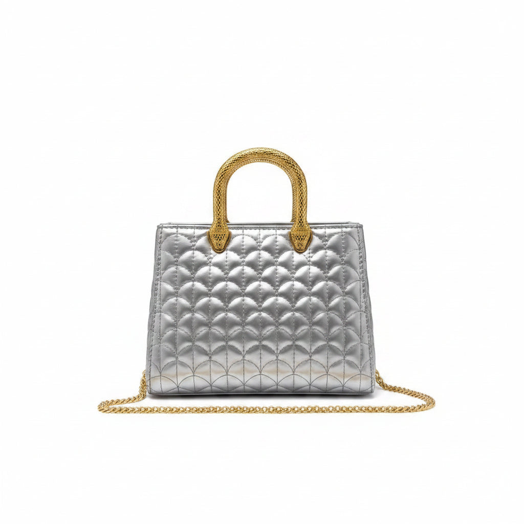 Bvlgari Quilted Silver Handbag with Signature Snake Gold Handle