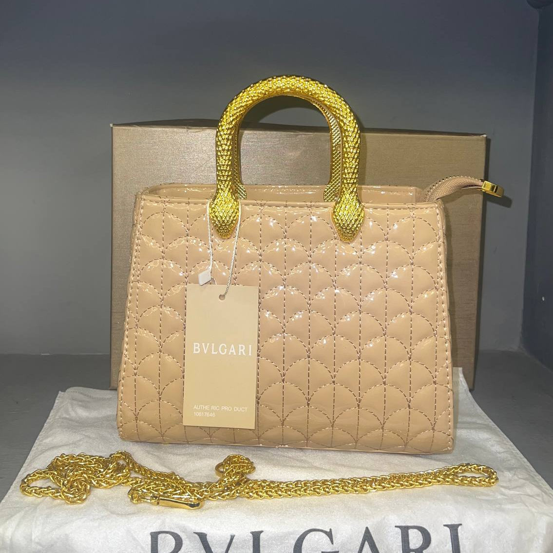 Bvlgari Quilted Silver Handbag with Signature Snake Gold Handle