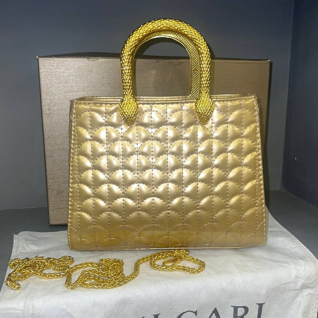 Bvlgari Quilted Silver Handbag with Signature Snake Gold Handle