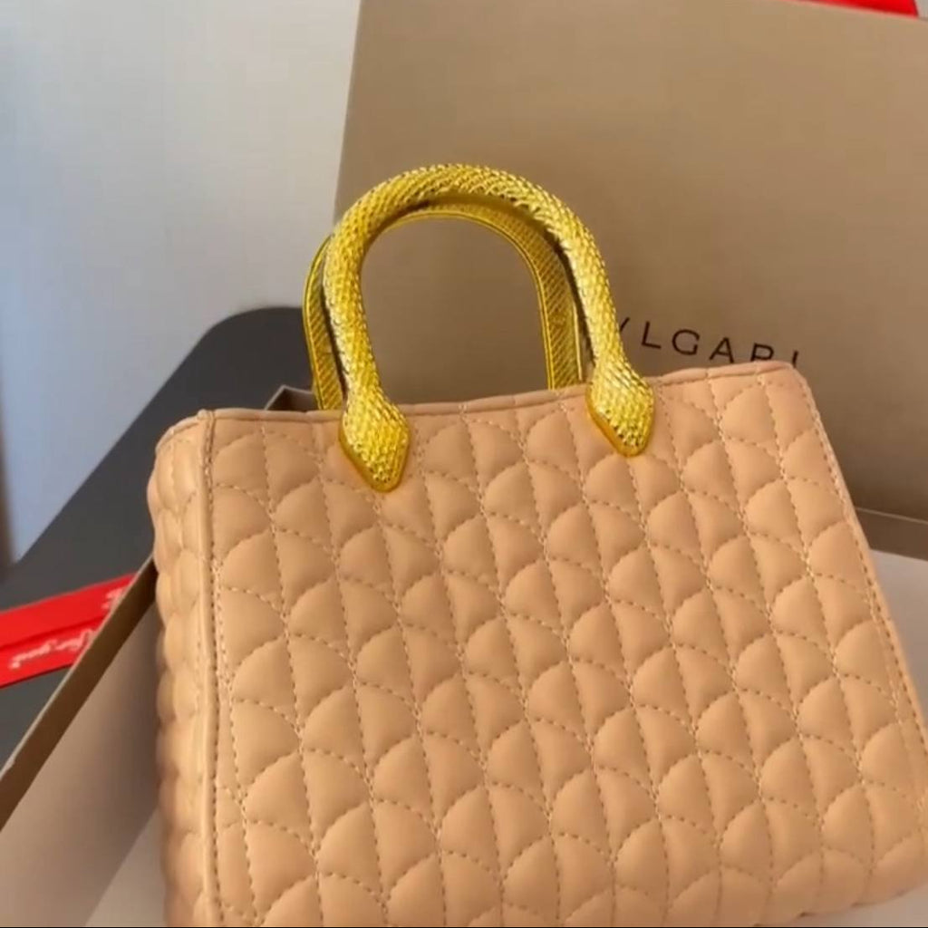 Bvlgari Quilted Silver Handbag with Signature Snake Gold Handle