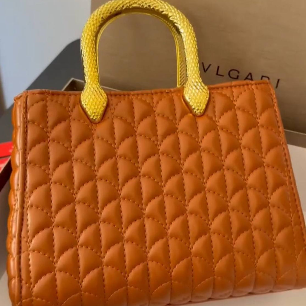 Bvlgari Quilted Silver Handbag with Signature Snake Gold Handle