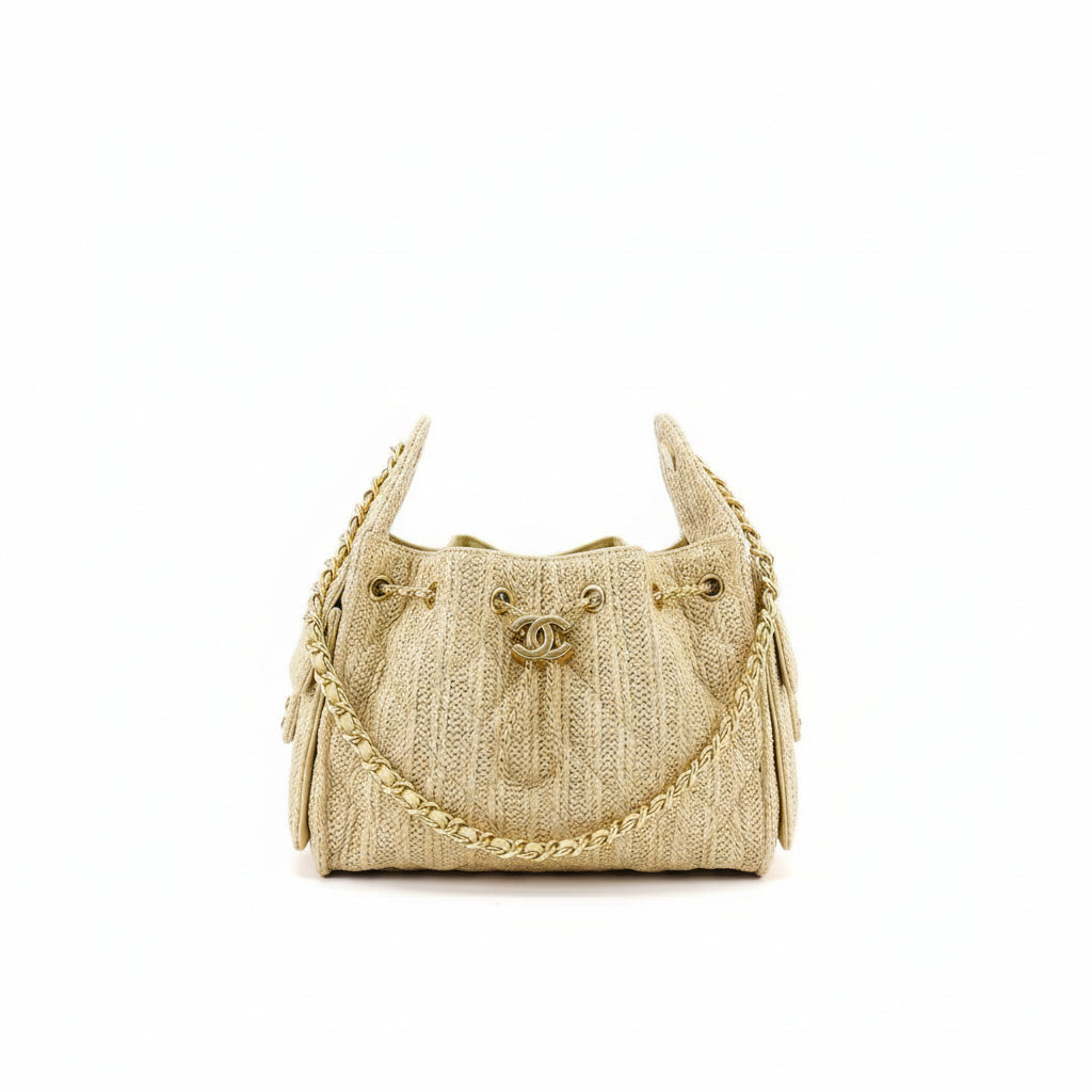 Chanel Straw Woven Bag with Gold Tone Chain Strap