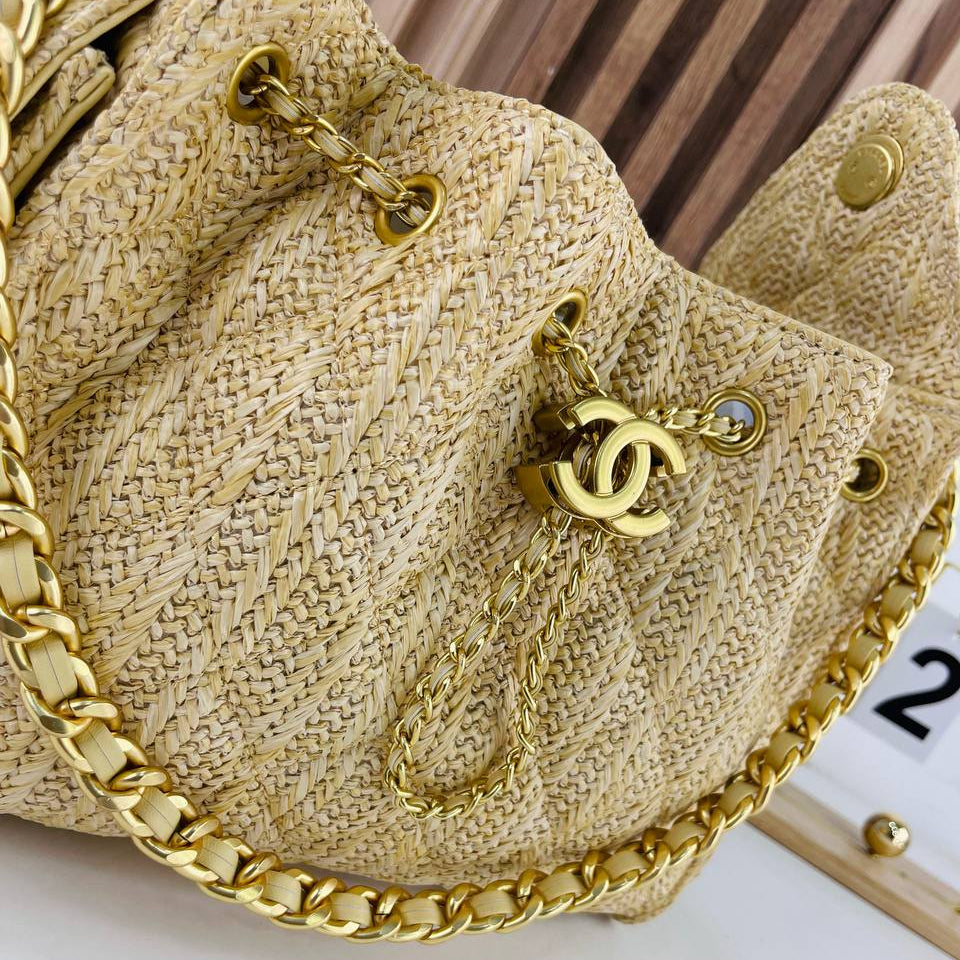 Chanel Straw Woven Bag with Gold Tone Chain Strap