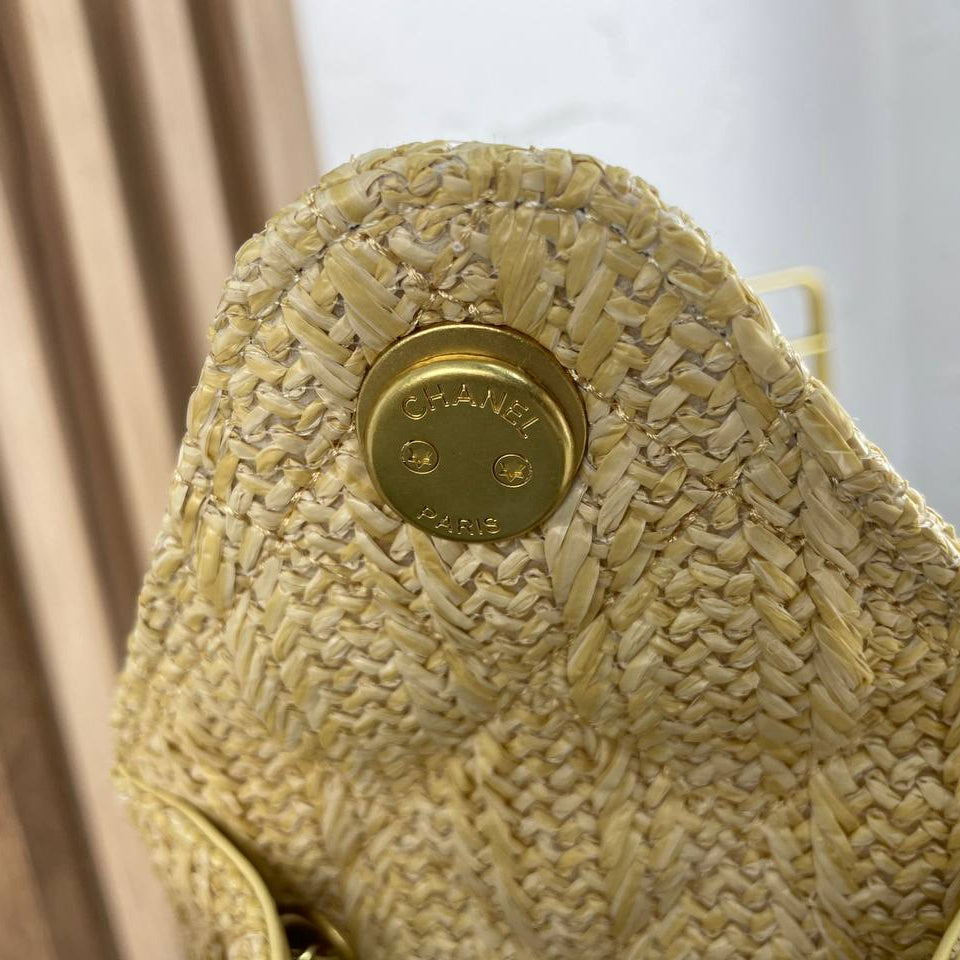 Chanel Straw Woven Bag with Gold Tone Chain Strap