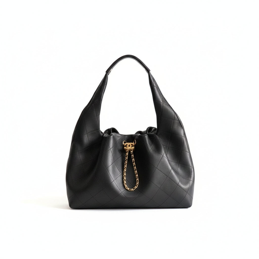 Chanel Quilted Leather Hobo Bag with Gold Chain Detail
