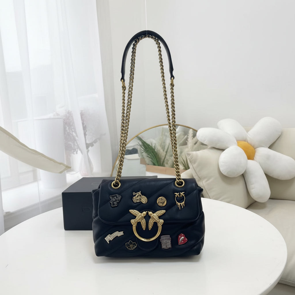 Pinko Quilted Black Shoulder Bag with Decorative Pins